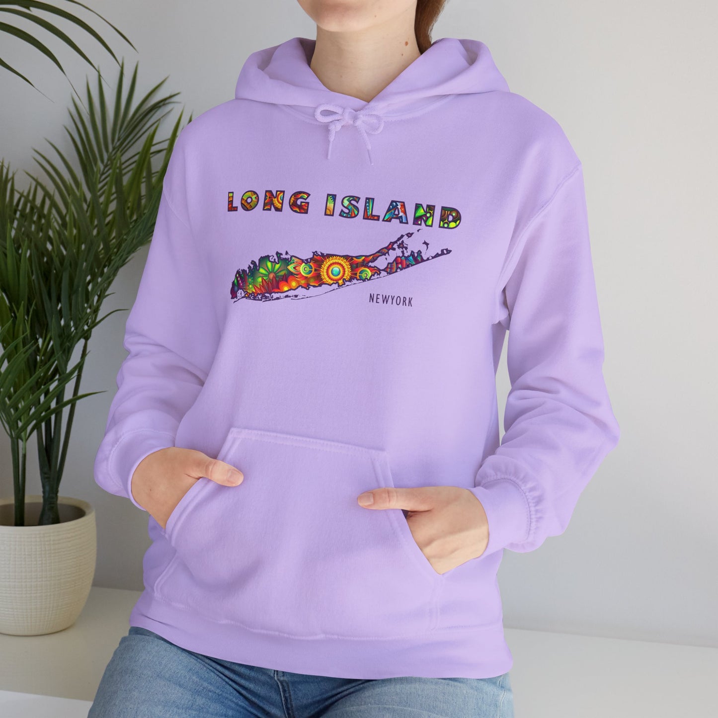 Long Island Colorful Bohemian Feel Map Unisex Hoodie - Perfect for Beach Lovers & Gift for New Yorkers