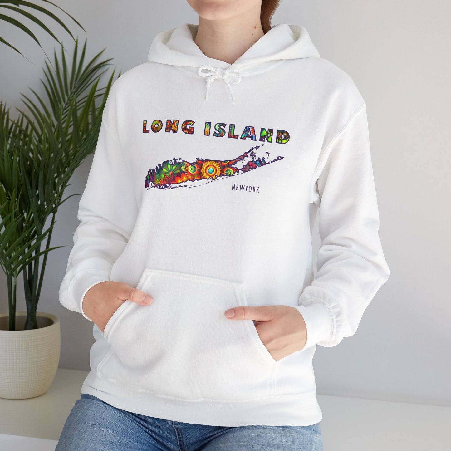 Long Island Colorful Bohemian Feel Map Unisex Hoodie - Perfect for Beach Lovers & Gift for New Yorkers