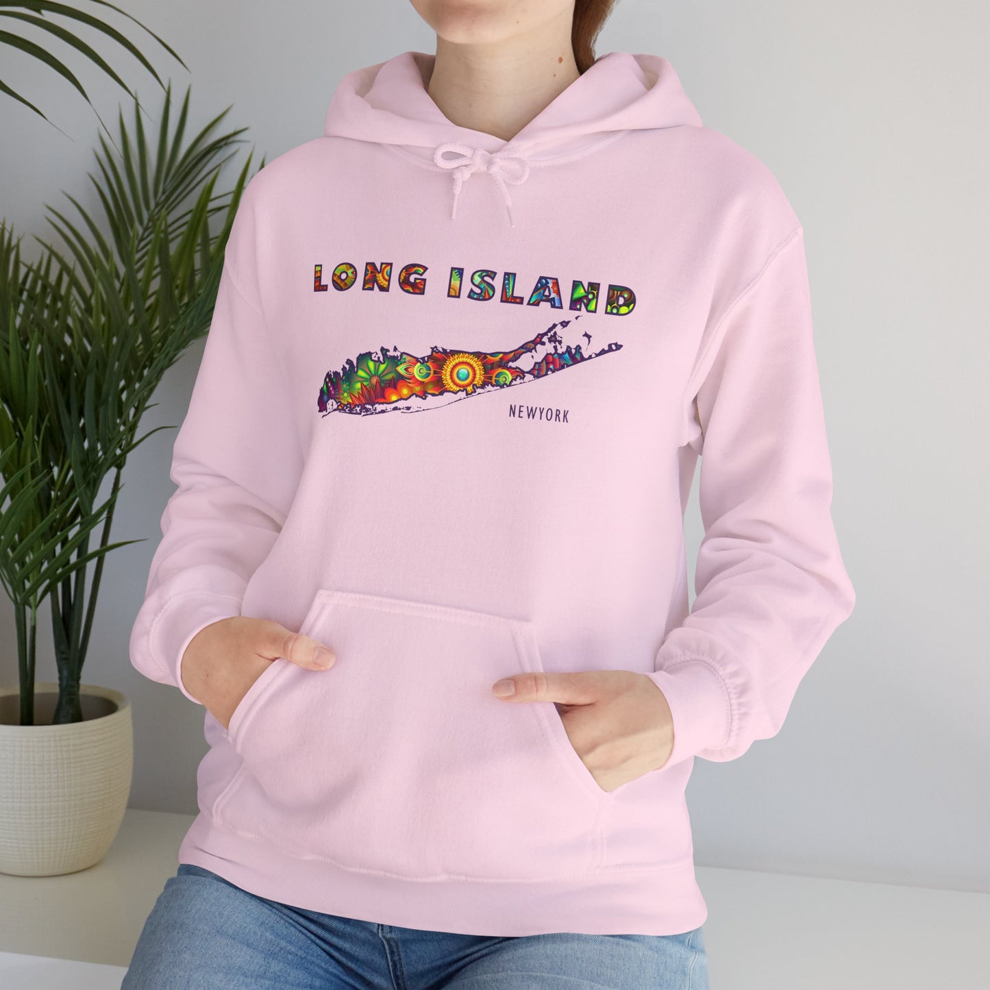 Long Island Colorful Bohemian Feel Map Unisex Hoodie - Perfect for Beach Lovers & Gift for New Yorkers