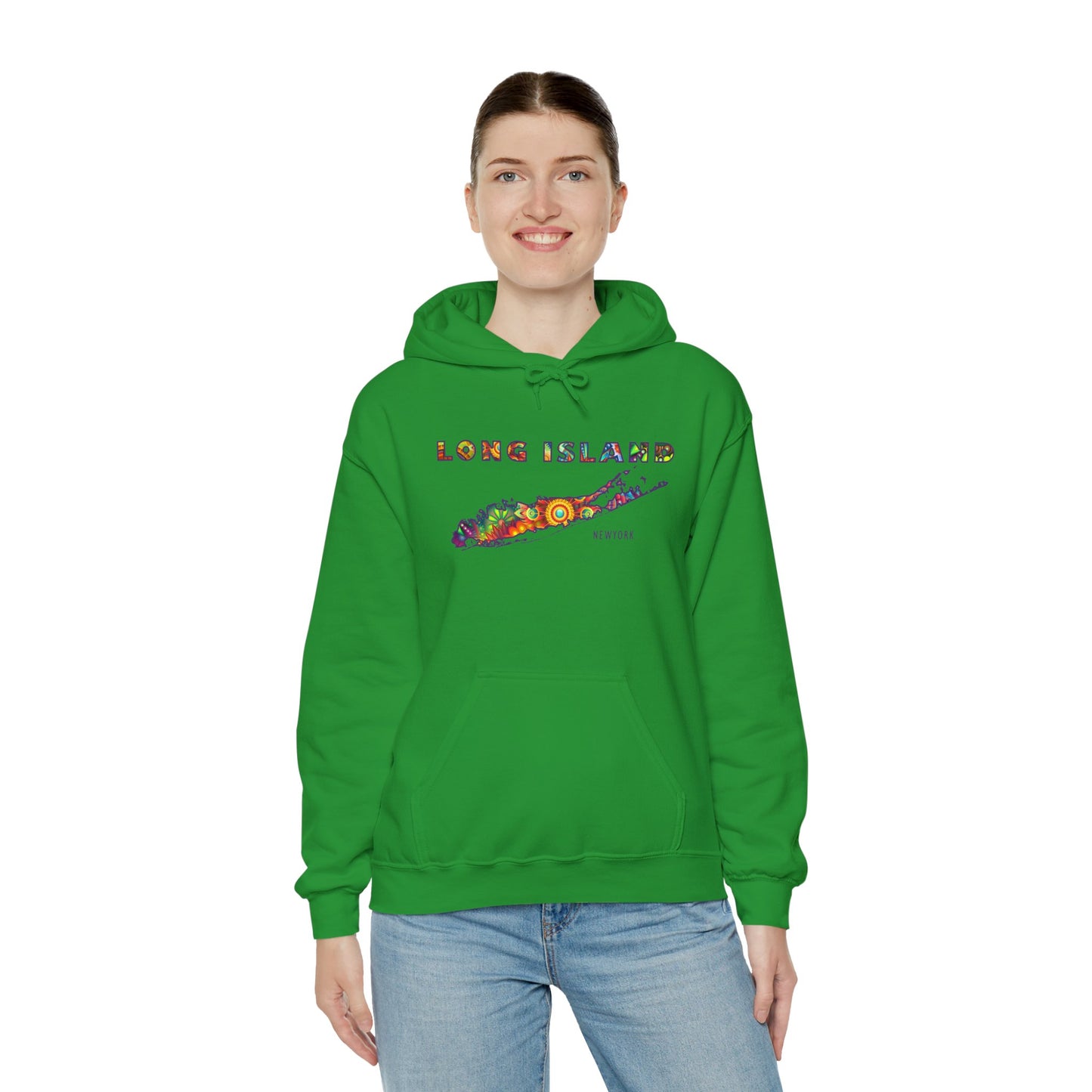 Long Island Colorful Bohemian Feel Map Unisex Hoodie - Perfect for Beach Lovers & Gift for New Yorkers