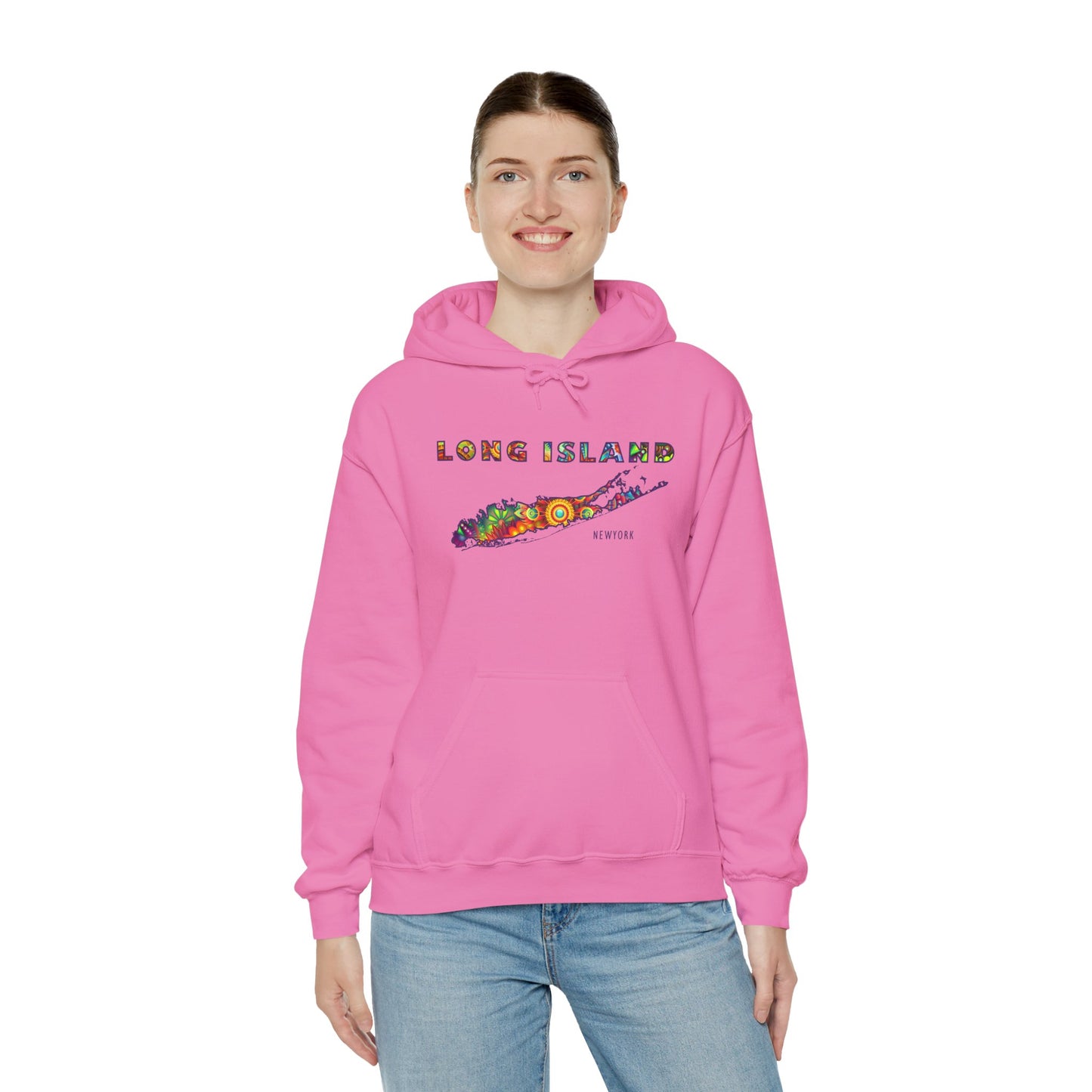 Long Island Colorful Bohemian Feel Map Unisex Hoodie - Perfect for Beach Lovers & Gift for New Yorkers