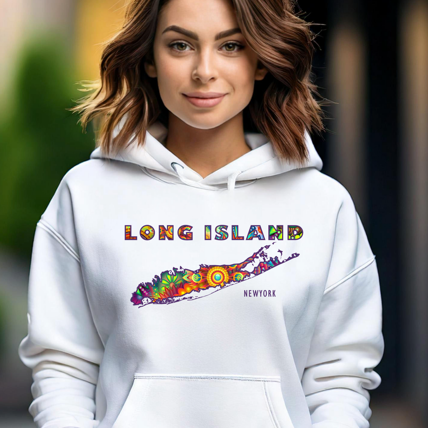 Long Island Colorful Bohemian Feel Map Unisex Hoodie - Perfect for Beach Lovers & Gift for New Yorkers