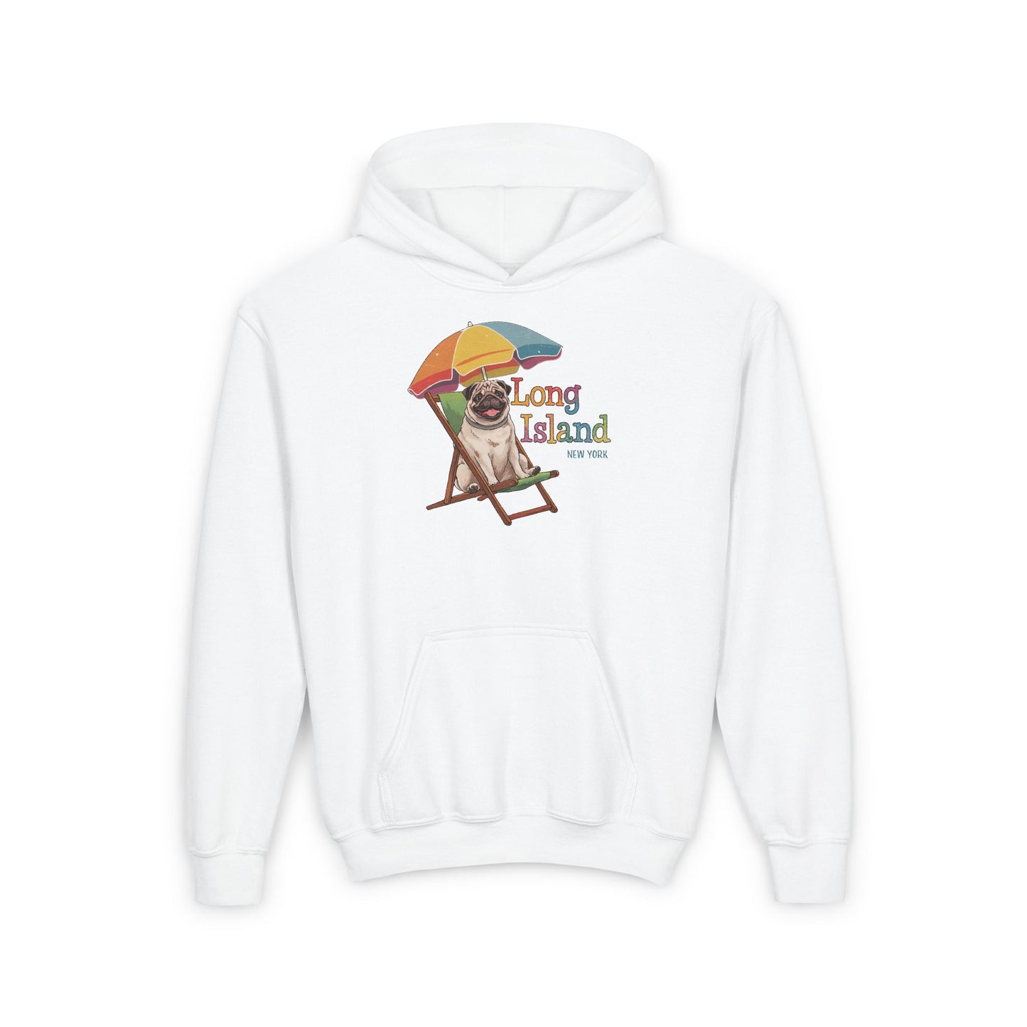 Youth Hoodie - Cute Pug Long Island Dog in Beach Chair Design | Long Island NY