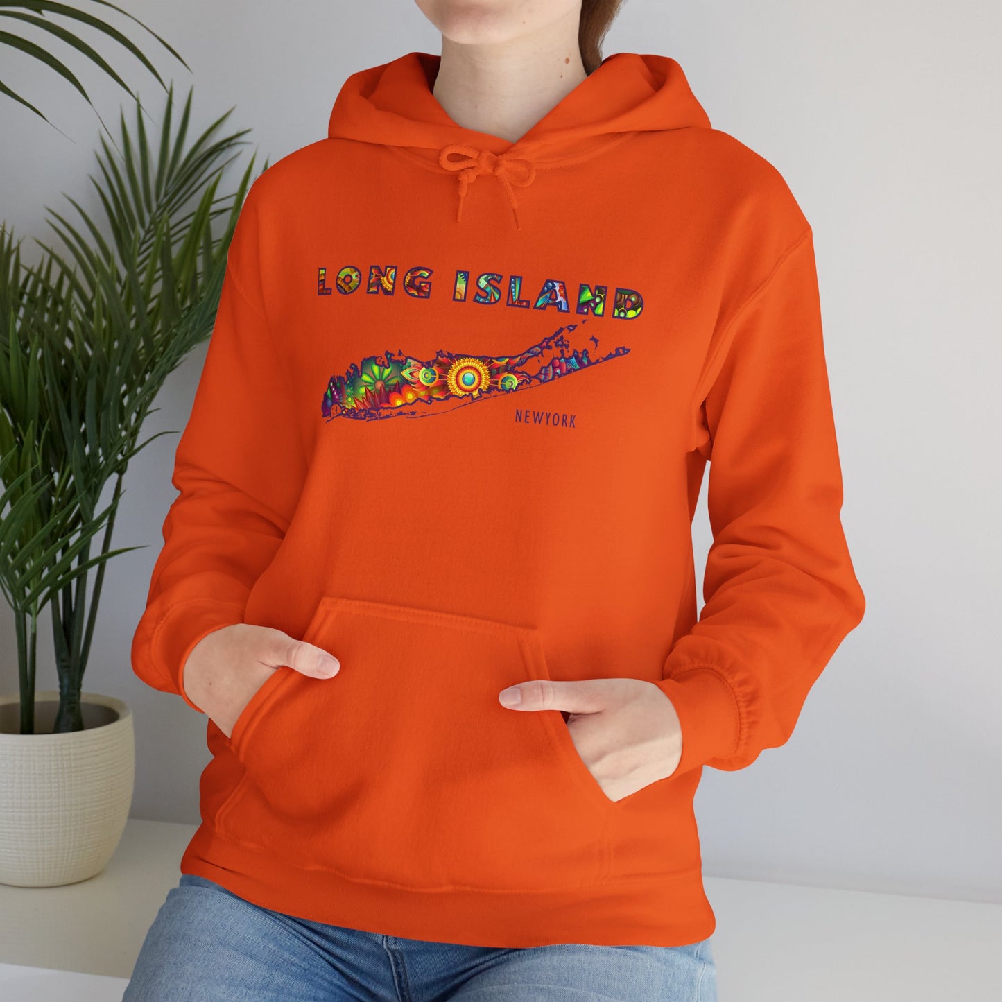 Long Island Colorful Bohemian Feel Map Unisex Hoodie - Perfect for Beach Lovers & Gift for New Yorkers