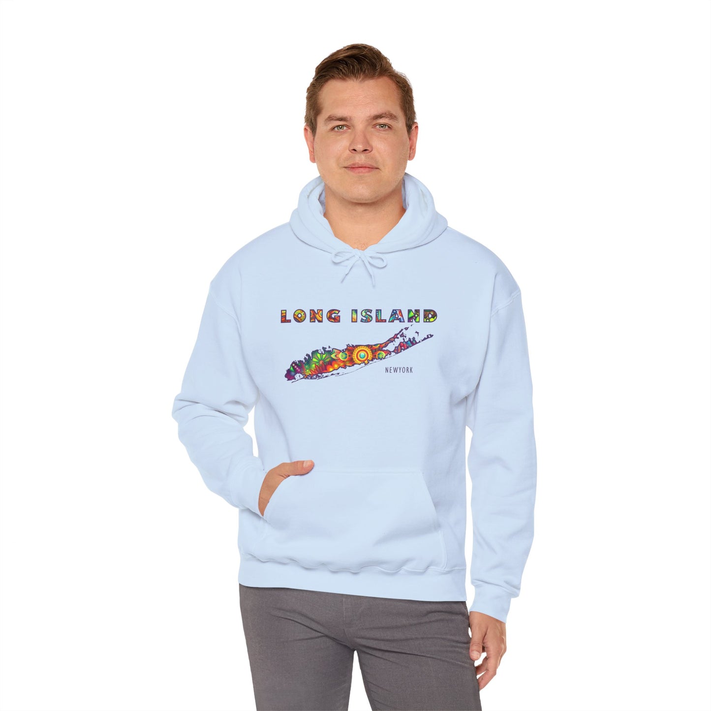 Long Island Colorful Bohemian Feel Map Unisex Hoodie - Perfect for Beach Lovers & Gift for New Yorkers