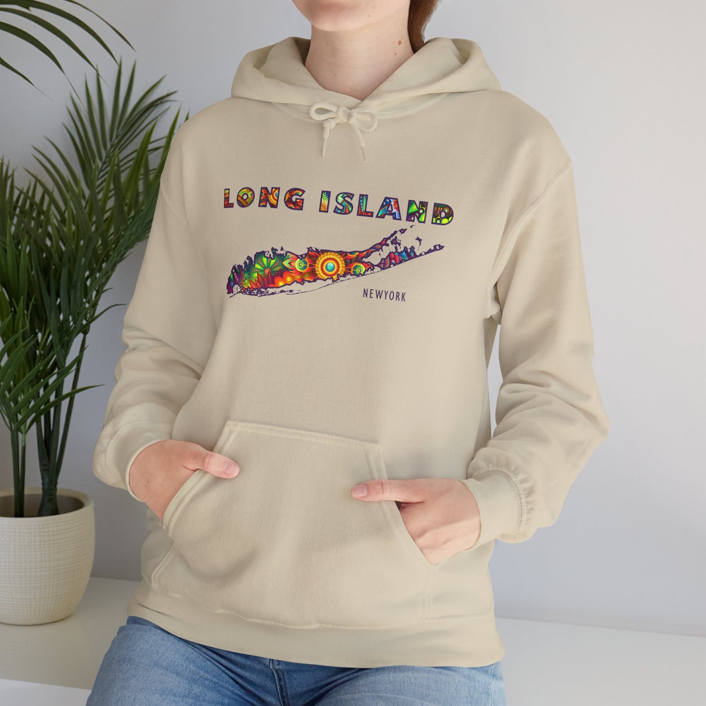 Long Island Colorful Bohemian Feel Map Unisex Hoodie - Perfect for Beach Lovers & Gift for New Yorkers