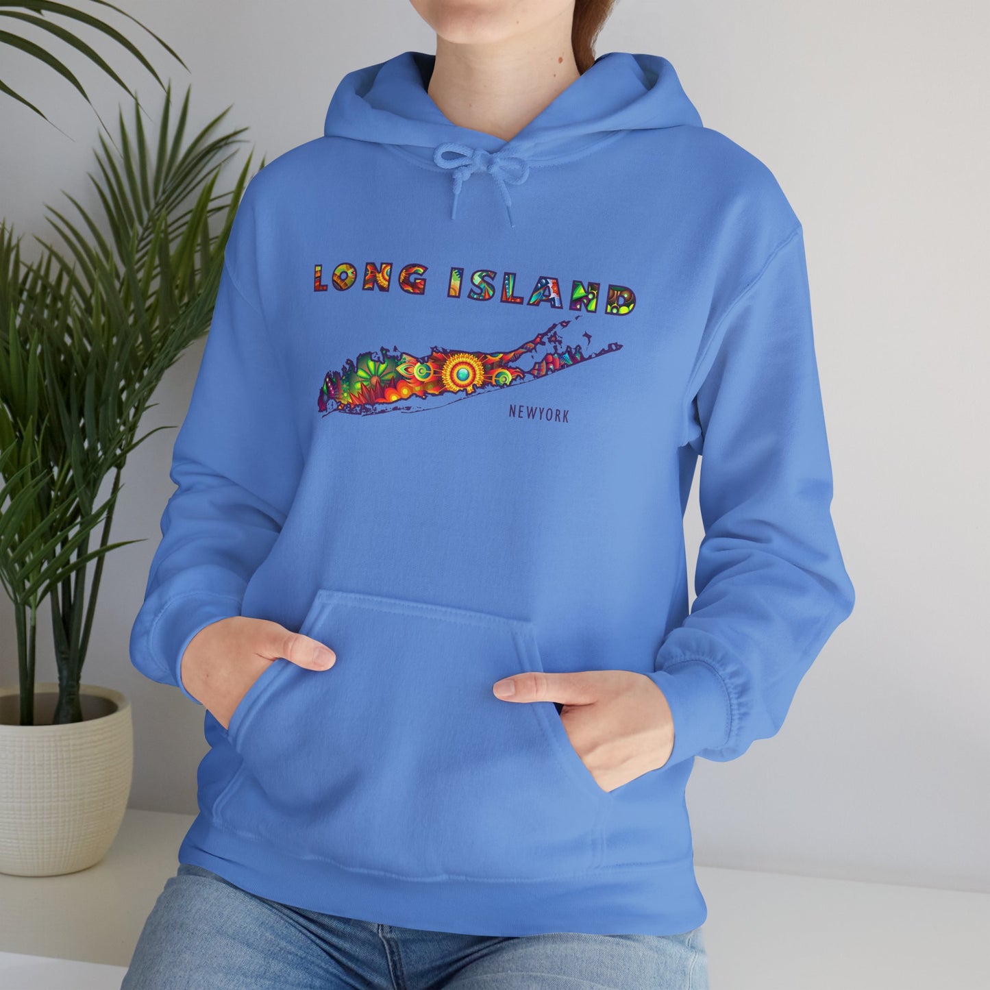 Long Island Colorful Bohemian Feel Map Unisex Hoodie - Perfect for Beach Lovers & Gift for New Yorkers